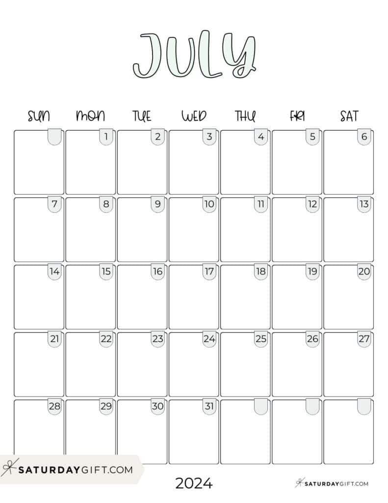 July 2024 Calendar - 20 Cute &amp;amp; Free Printables | Saturdaygift | July 2024 Calendar Small