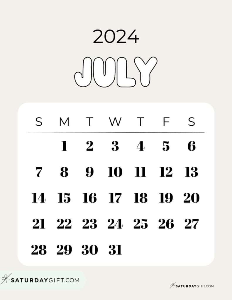 July 2024 Calendar - 20 Cute &amp;amp; Free Printables | Saturdaygift | July 2024 Calendar Small