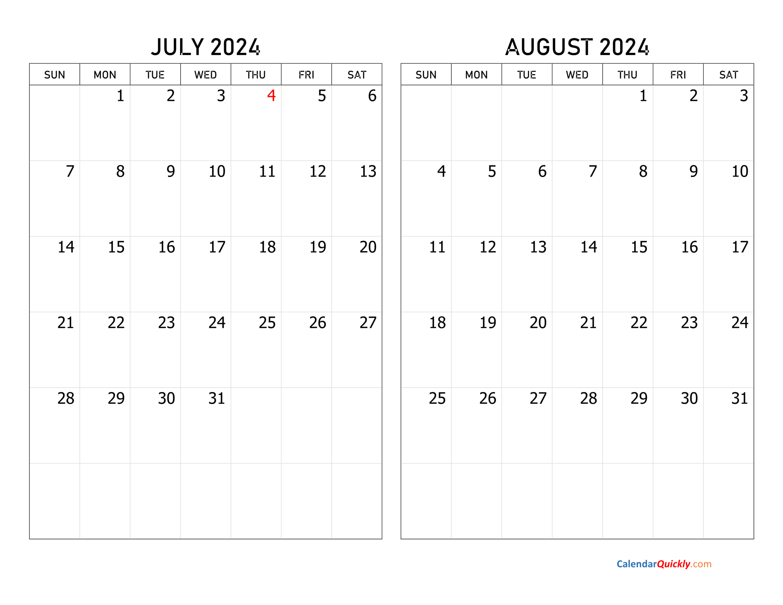 July And August 2024 Calendar | Calendar Quickly | July-August 2024 Calendar