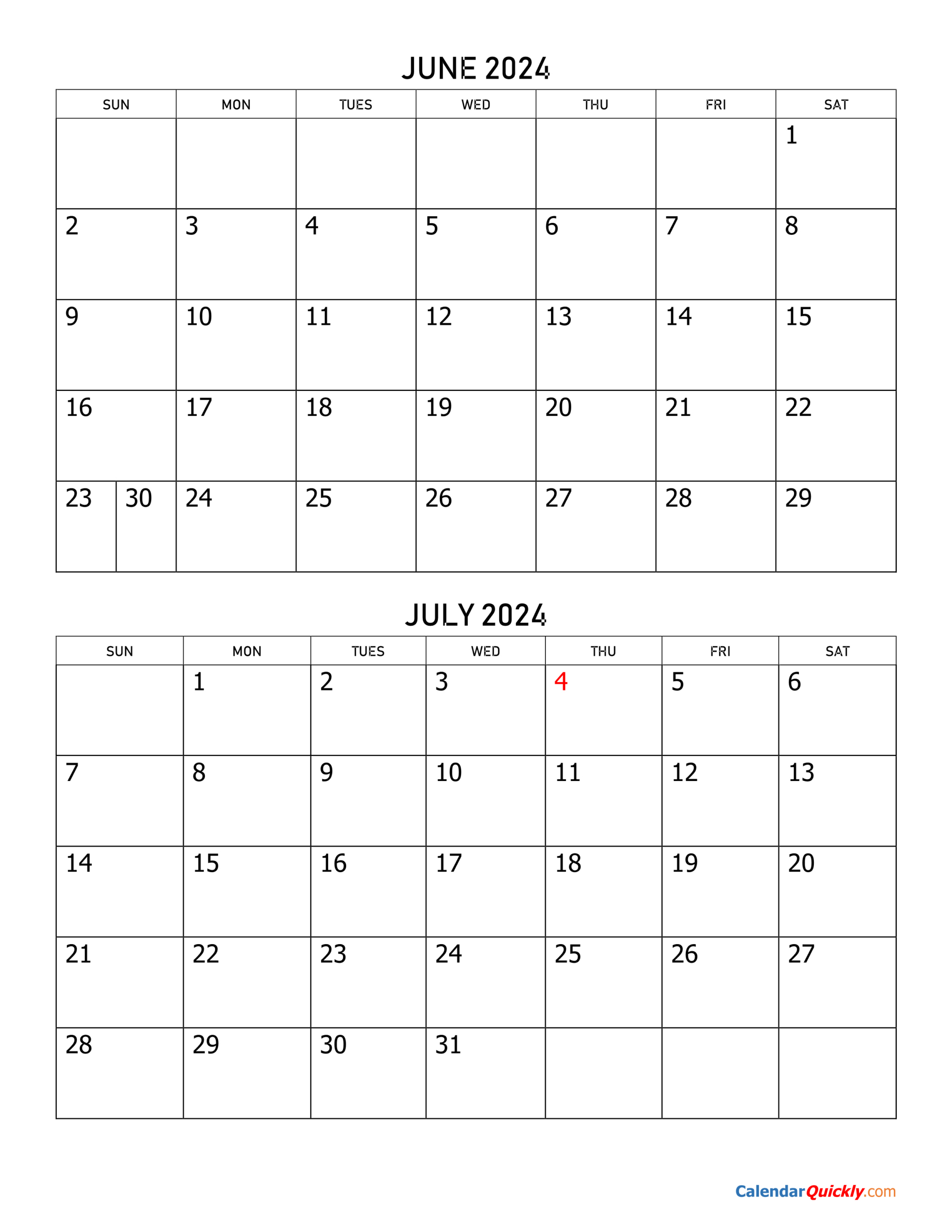 June And July 2024 Calendar | Calendar Quickly | Calendar 2024