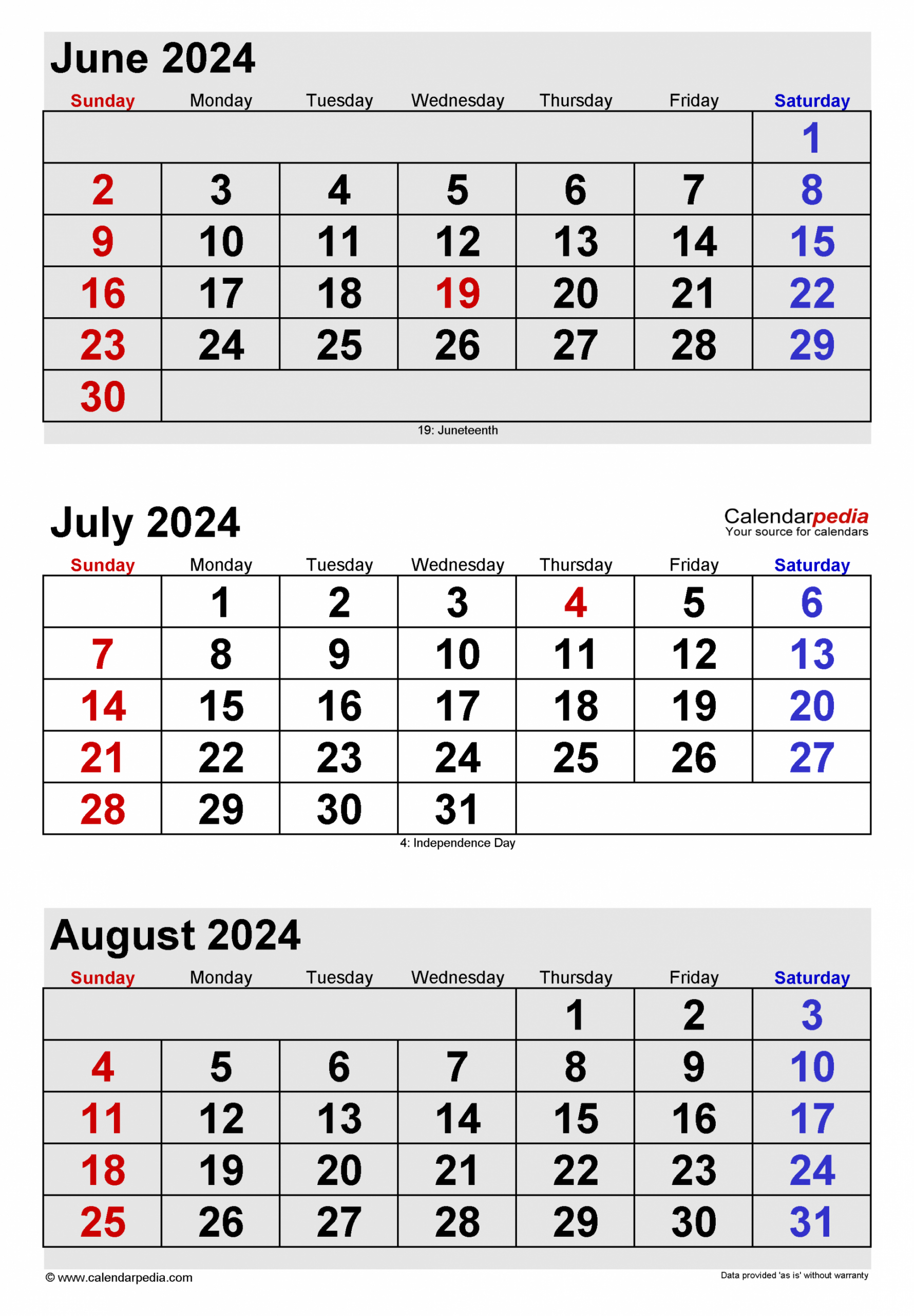 June-July-August Calendar 2024 | Calendar 2024