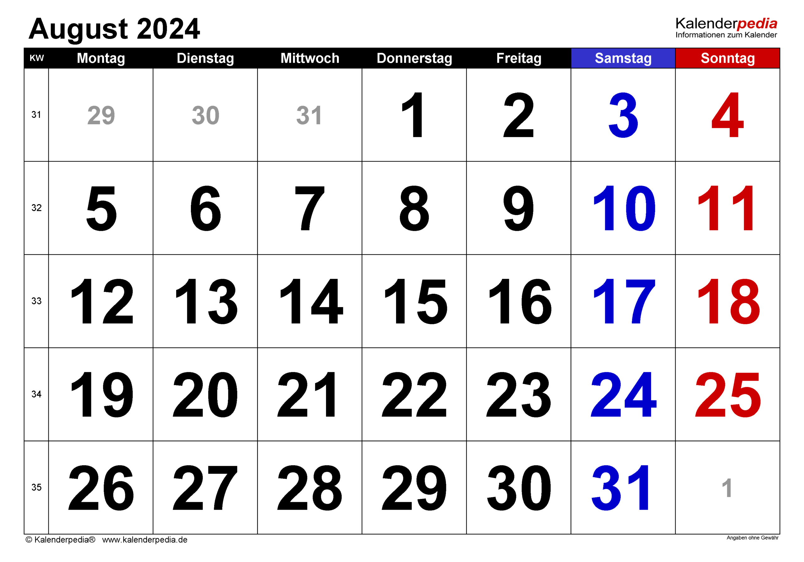 Kalender August 2024 Als Pdf-Vorlagen | Calendar 2024