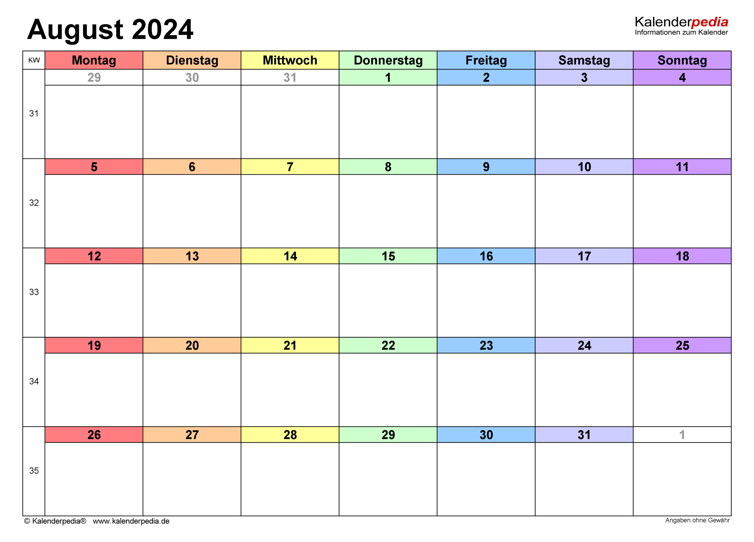 Kalender August 2024 Als Pdf-Vorlagen | Calender August 2024