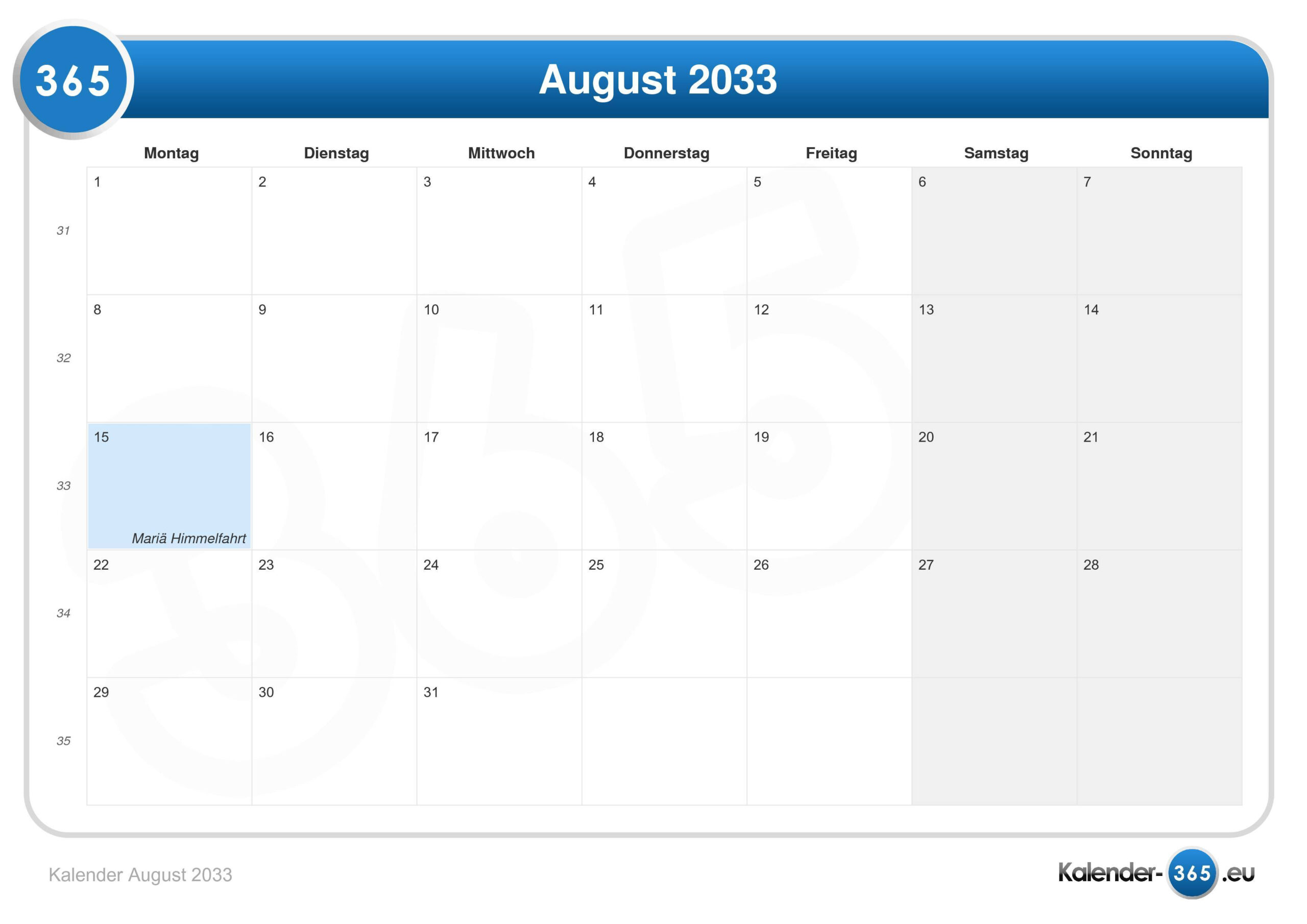 Kalender August 2033 | August 2033 Calendar