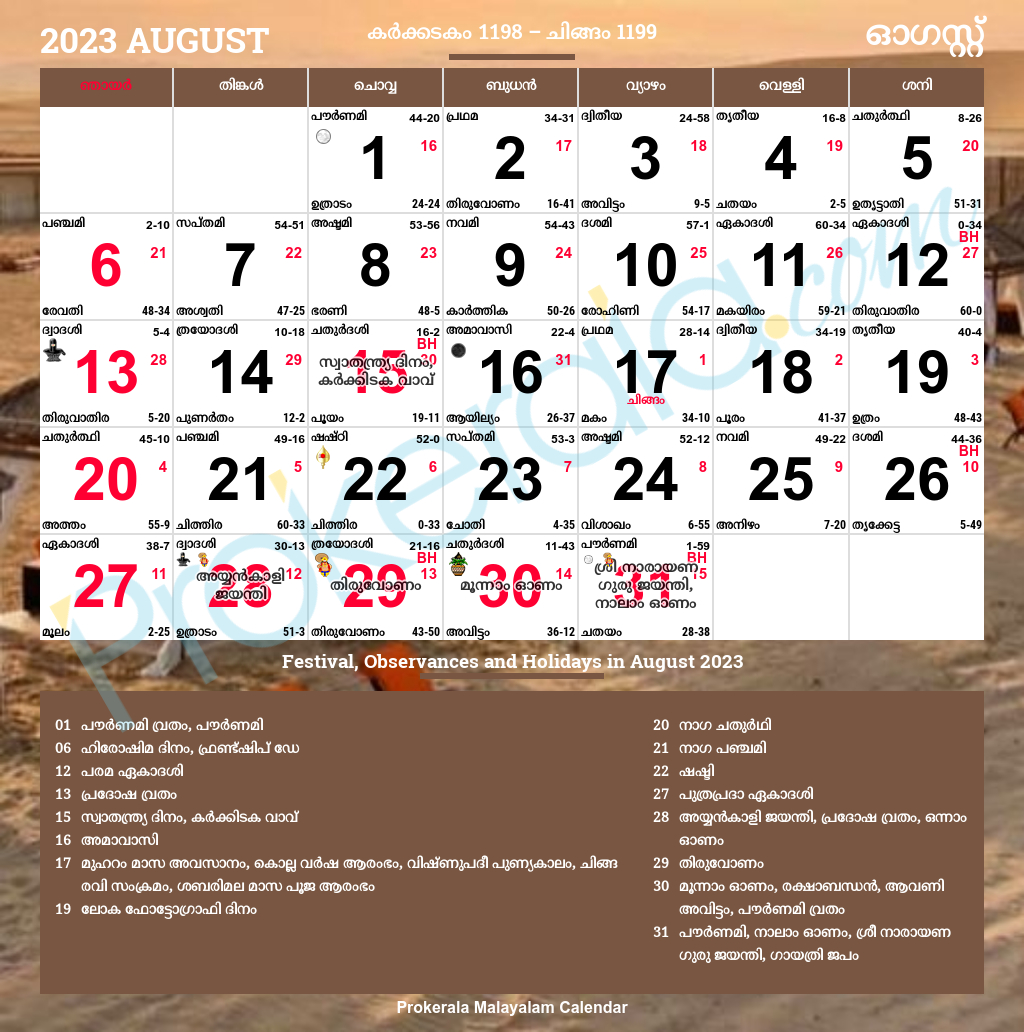 Malayalam Calendar 2023, August | Malayalam Calendar 2024 August