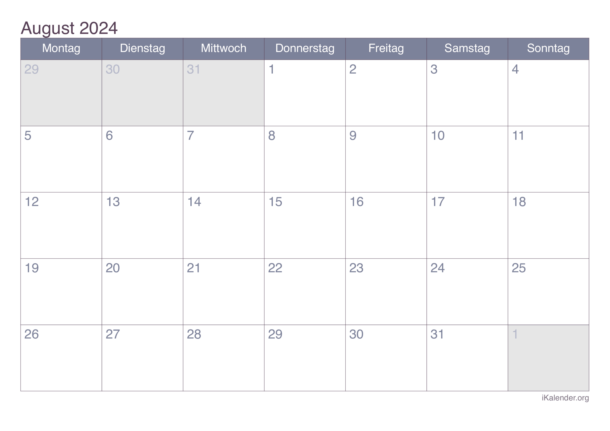 Monatskalender August 2024 Zum Ausdrucken | Calendar 2024