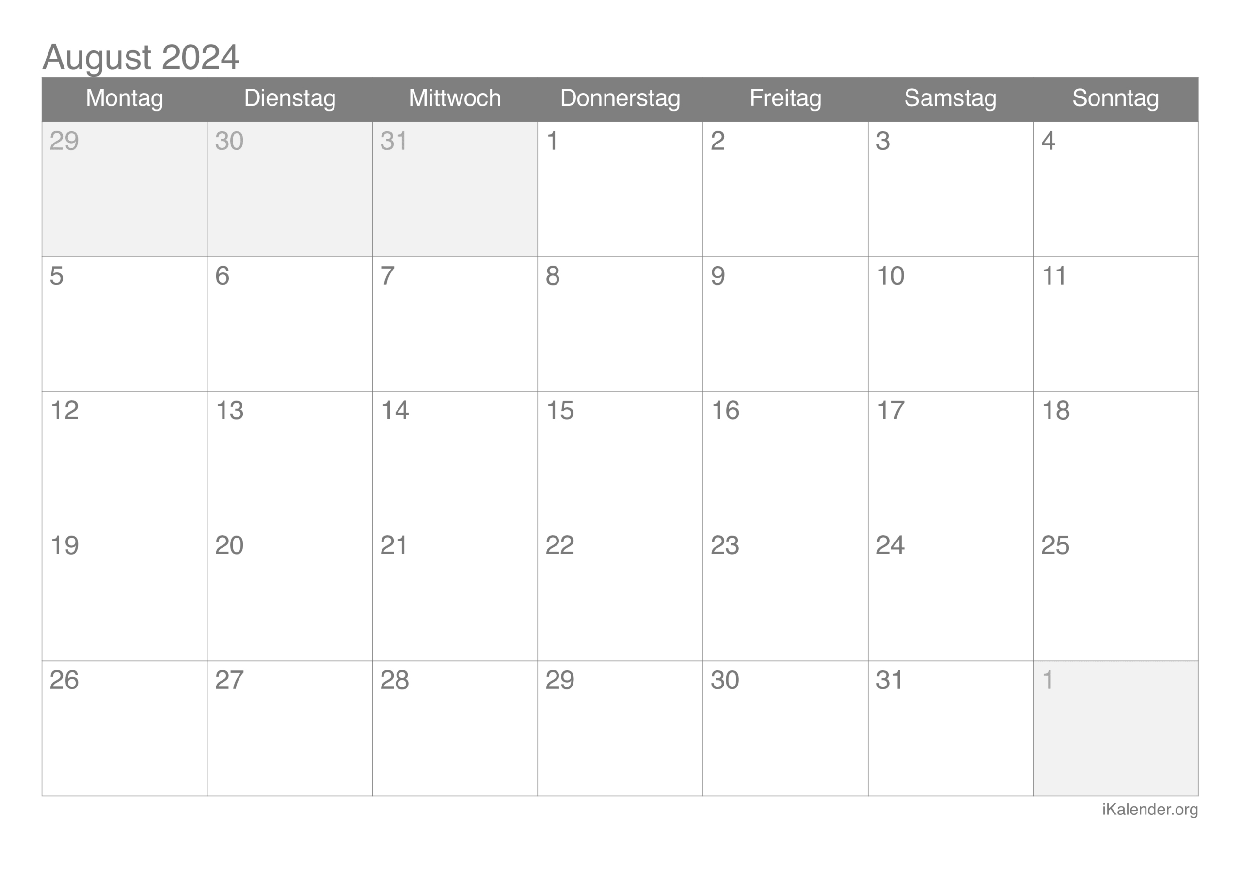 Monatskalender August 2024 Zum Ausdrucken | Calender August 2024