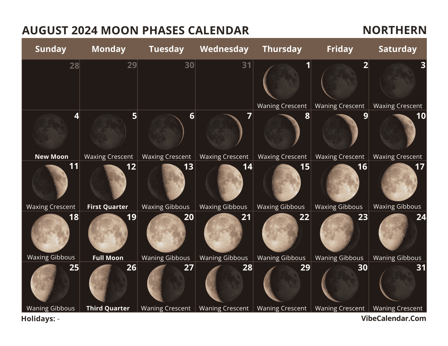 Moon Phases Calendar 2024: Printable Monthly Templates | August Calendar Moon 2024