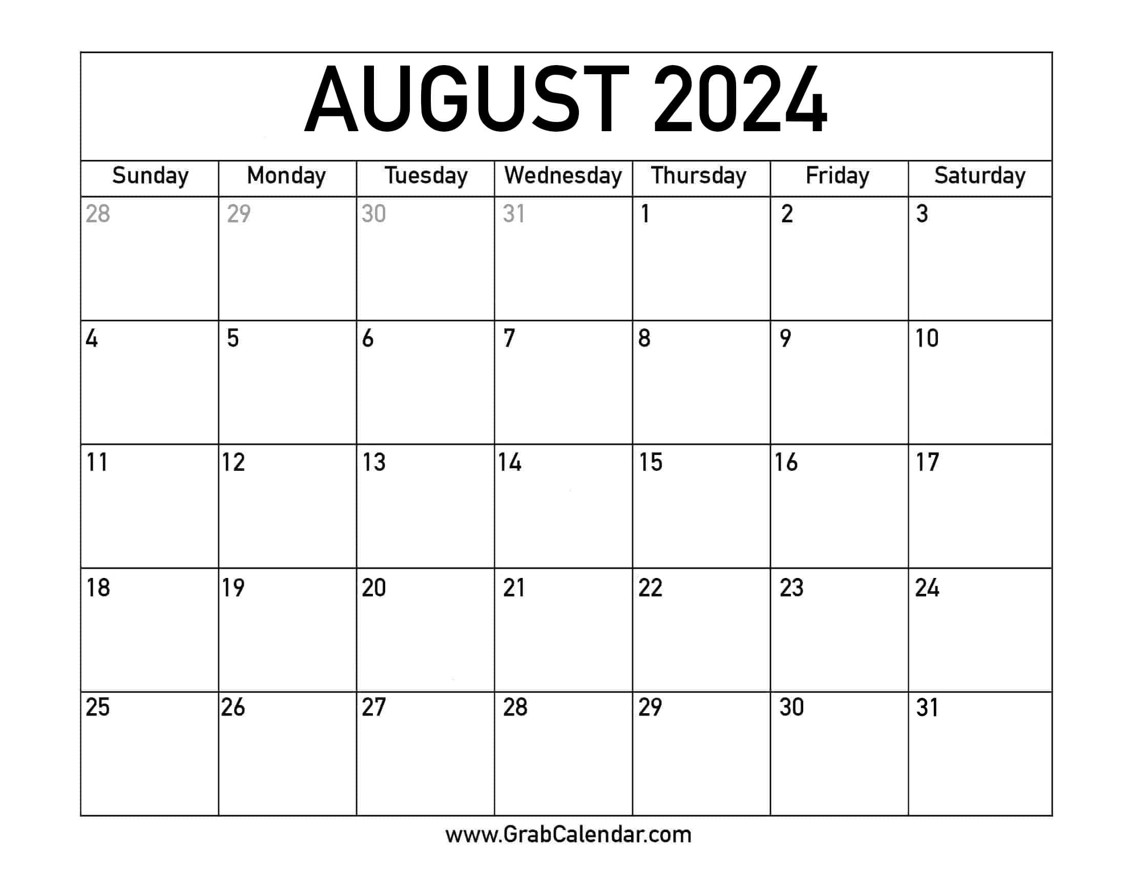 Printable August 2024 Calendar | National Day Calendar August 2024 Printable