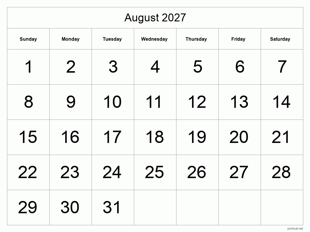 Printable August 2027 Calendar | Free Printable Calendars | August 2027 Calendar