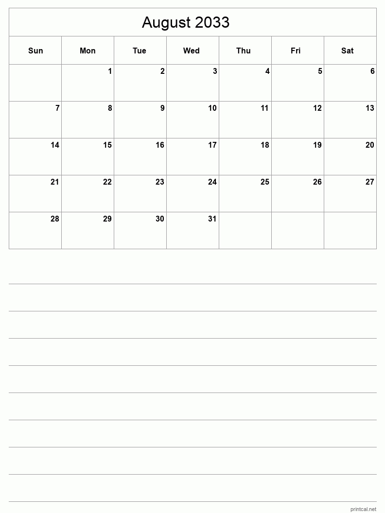 Printable August 2033 Calendar - Half-Page With Notesheet | August 2033 Calendar