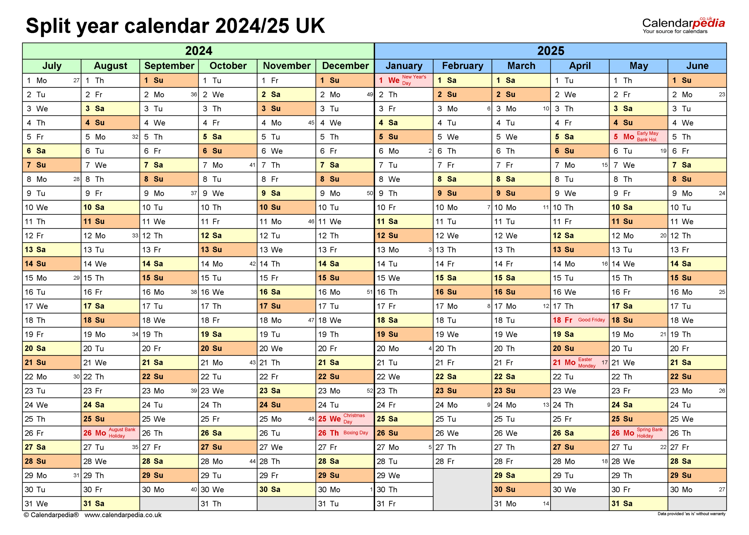 Split Year Calendars 2024/25 Uk (July To June) For Pdf | August 2024 - June 2025 Calendar Printable