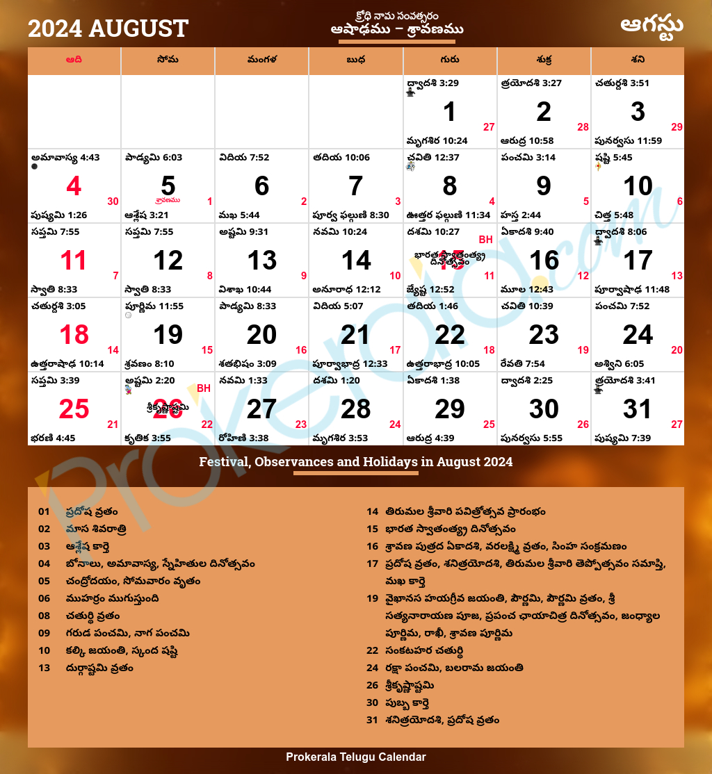 Telugu Calendar 2024, August | Telugu Calendar August 2024