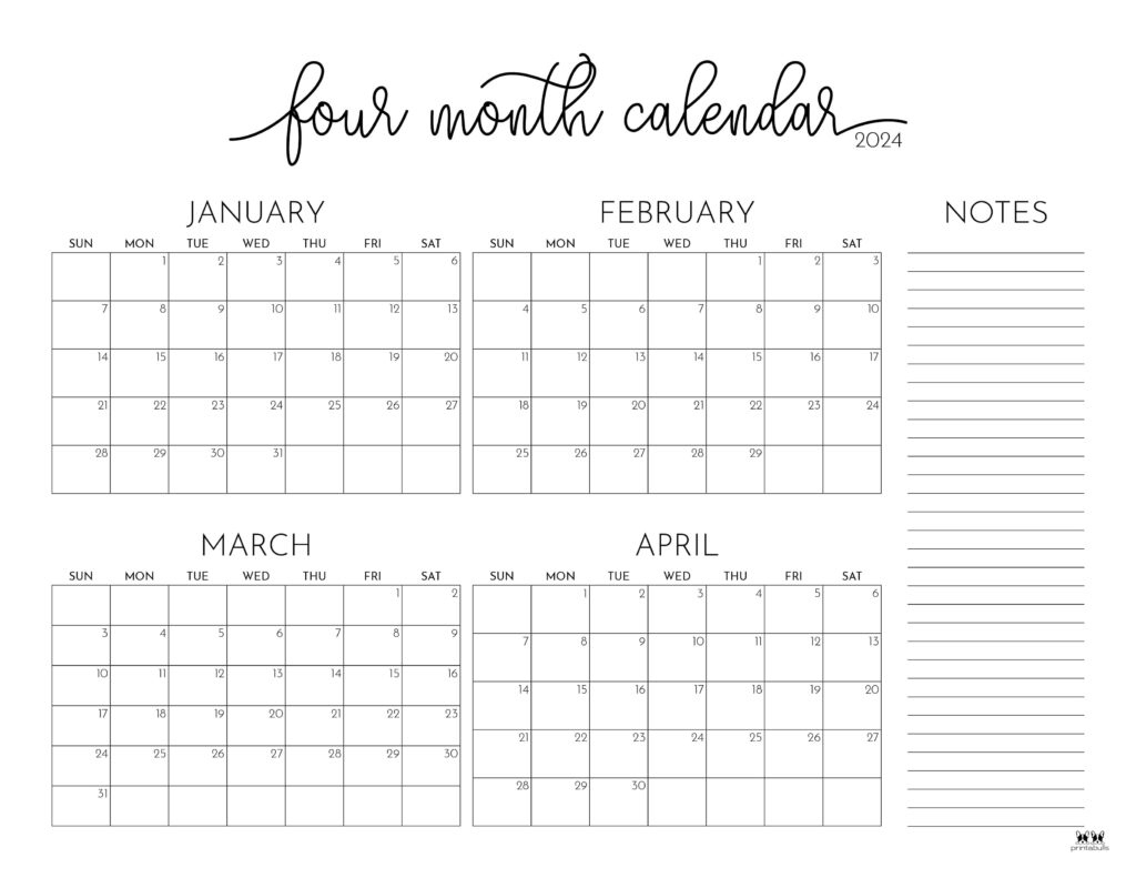 2024 Four Month Calendars - 18 Free Printables | Printabulls | Calendar 2024