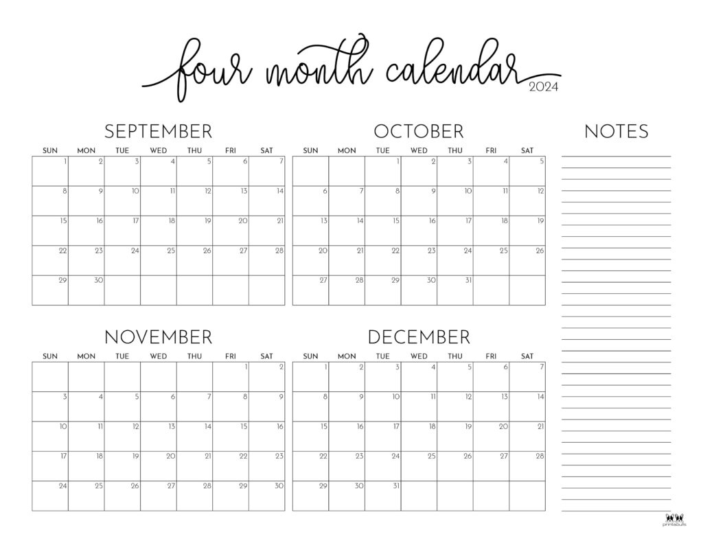 2024 Four Month Calendars - 18 Free Printables | Printabulls | Calendar June July August September October 2024