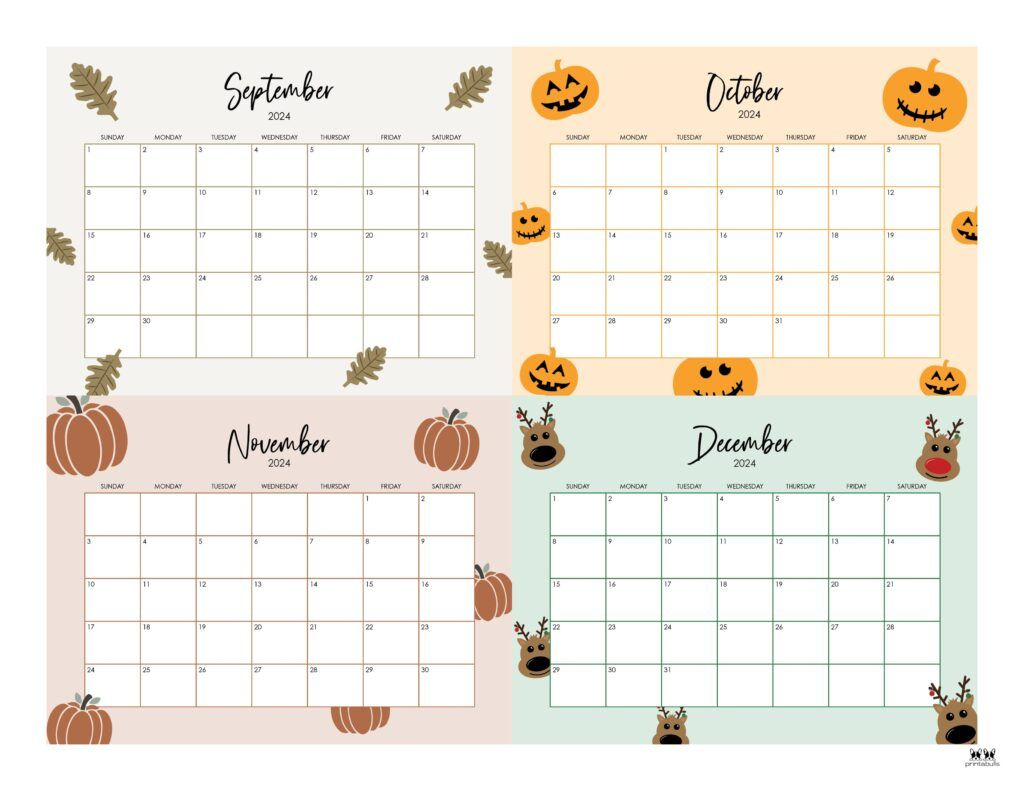 2024 Four Month Calendars - 18 Free Printables | Printabulls | September October and November 2024 Calendar