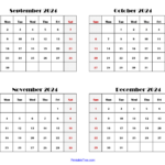 2024 Four Month Calendars Printable Pdf  4 Months Calendar One Page | September Through December 2024 Calendar