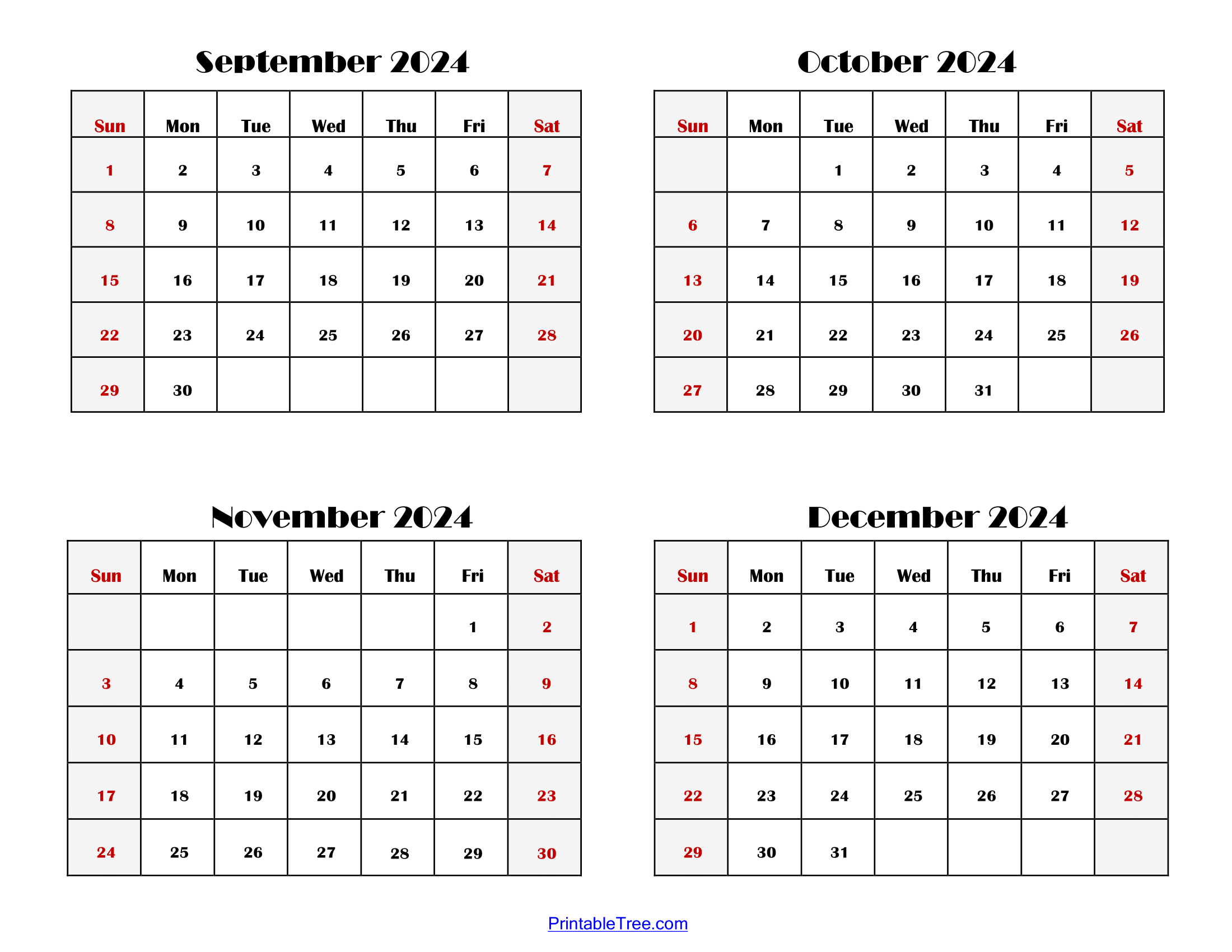 2024 Four Month Calendars Printable Pdf- 4 Months Calendar One Page | September Through December 2024 Calendar