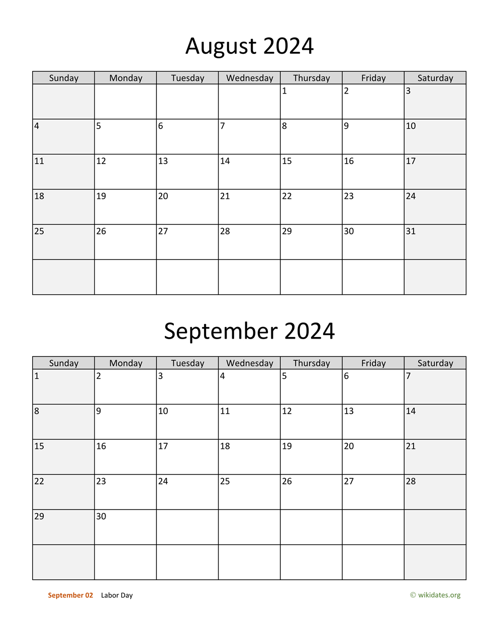 August And September 2024 Calendar | Wikidates | August September 2024 Printable Calendar