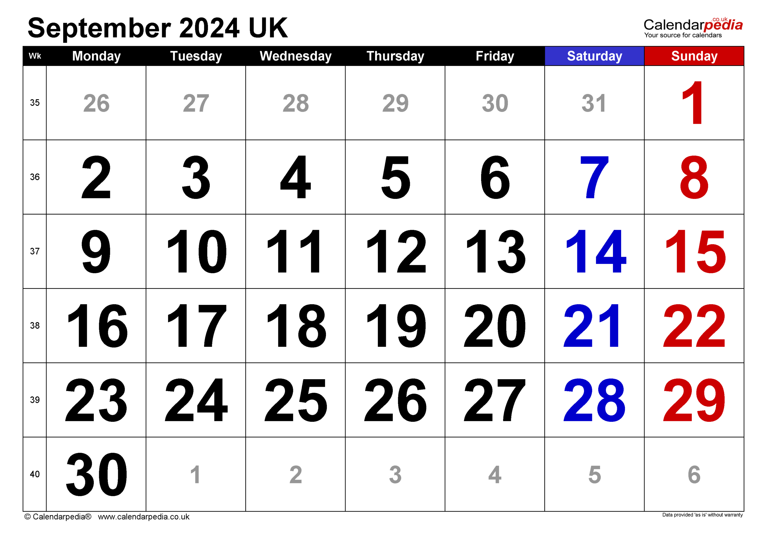 Calendar September 2024 Uk With Excel, Word And Pdf Templates | Printable Calendar September 2024 Uk