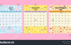 Cute 2024 Juli, August Und September: Stock-Vektorgrafik | July to September Calendar 2024