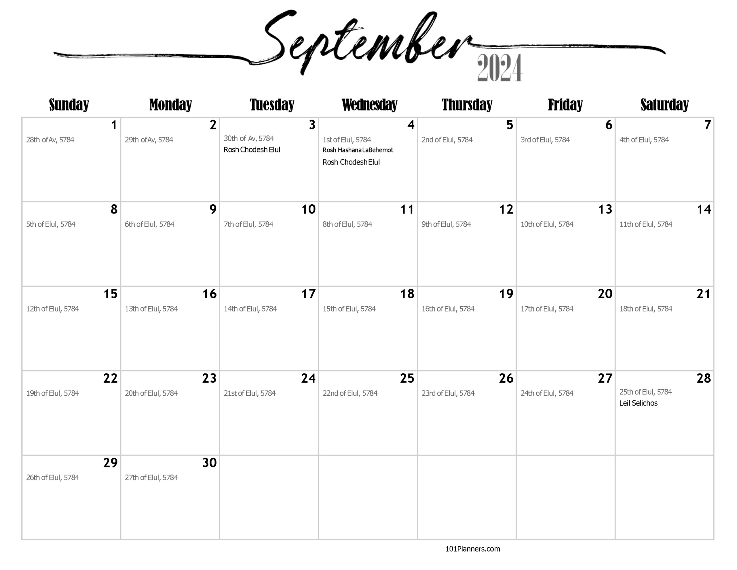 Free Printable Jewish Calendar 2023, 2024, And 2025 | Hebrew Calendar September 2024