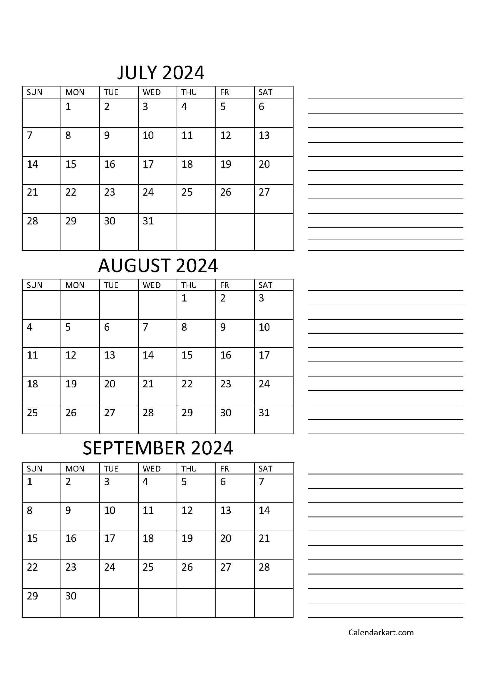 July To September 2024 Calendar (Q3) - Calendarkart | 3 Month Vertical Calendar July-September 2024