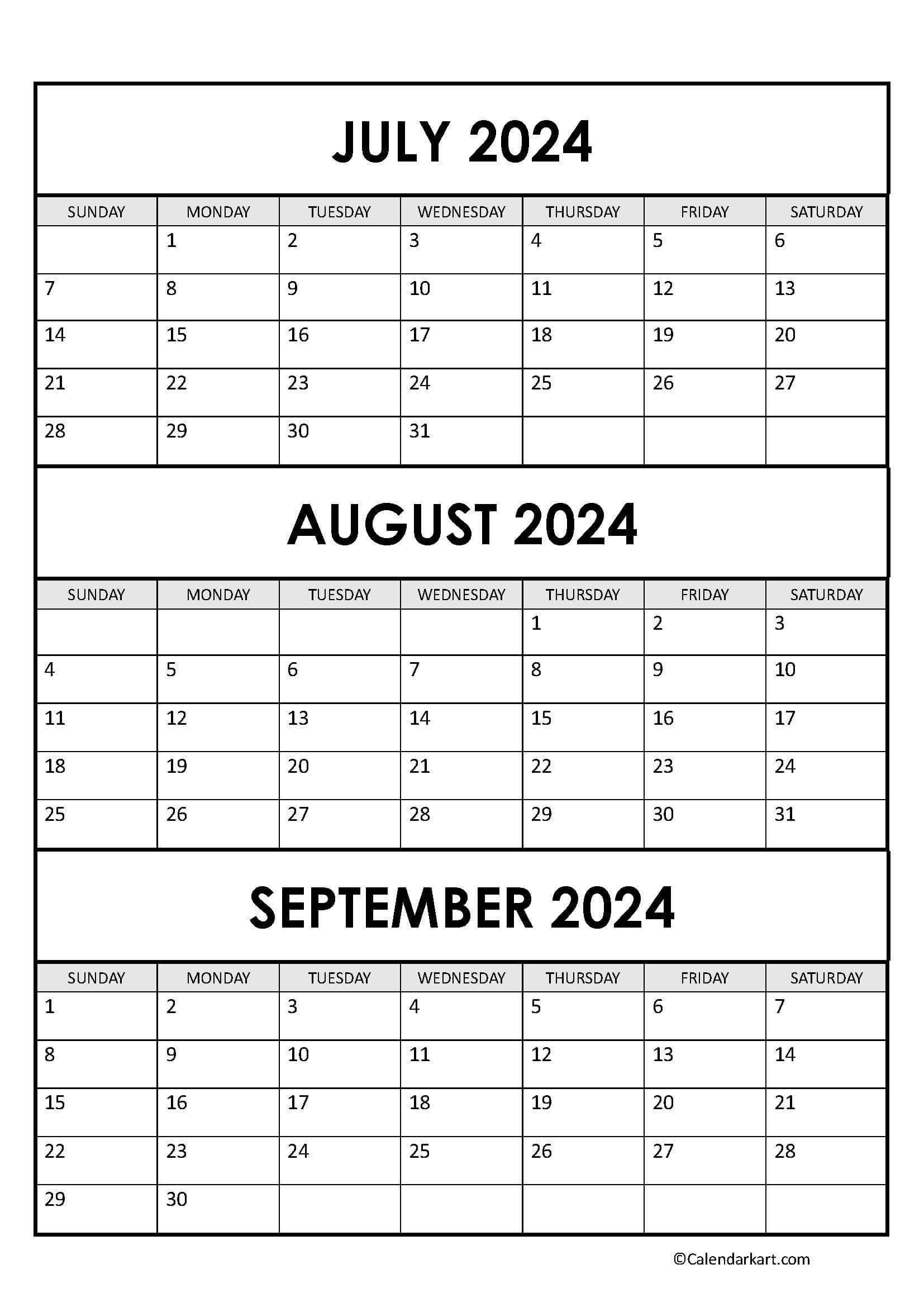 July To September 2024 Calendar (Q3) - Calendarkart | 3 Month Vertical Calendar July-September 2024