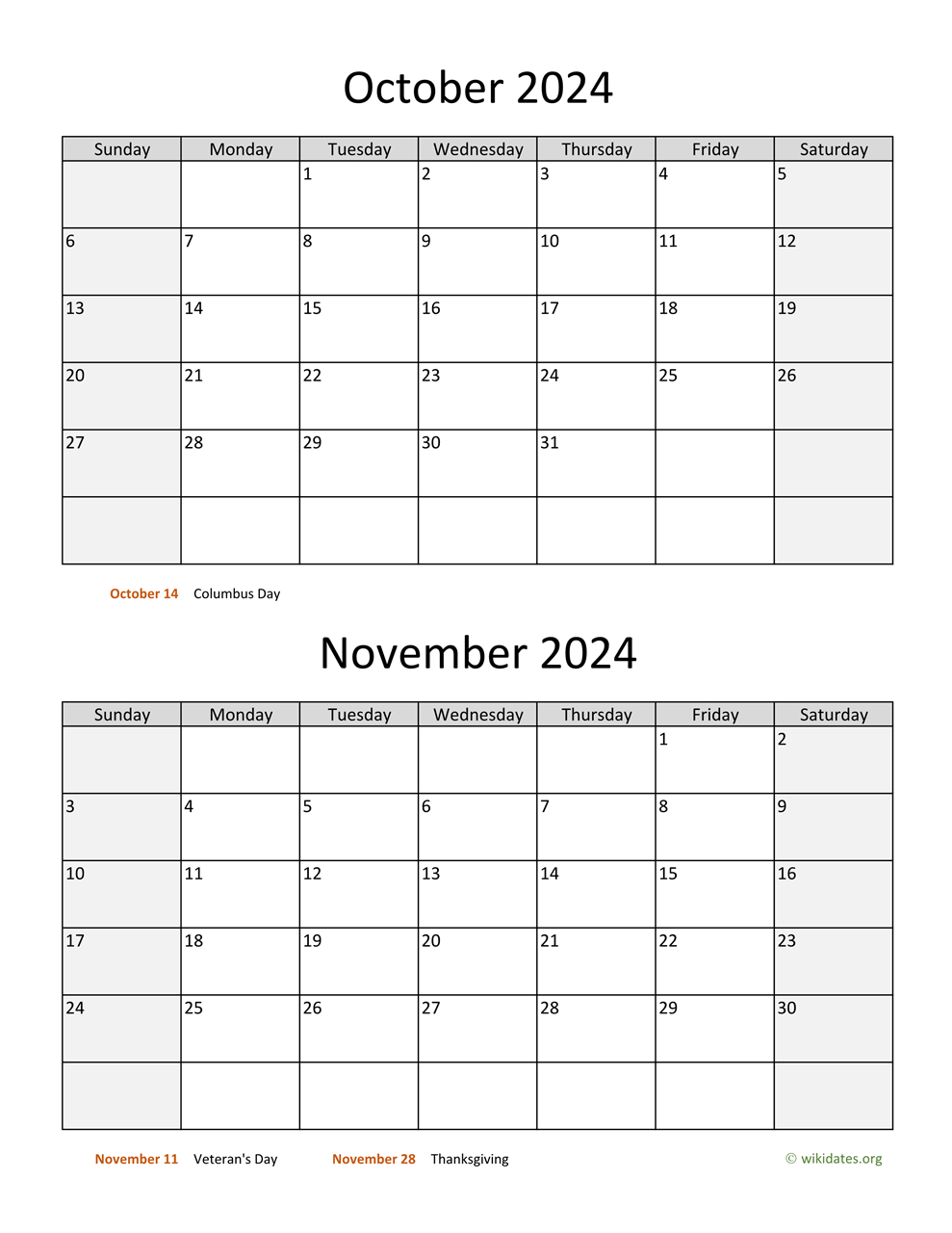 October And November 2024 Calendar | Wikidates | September October November 2024 Calendar