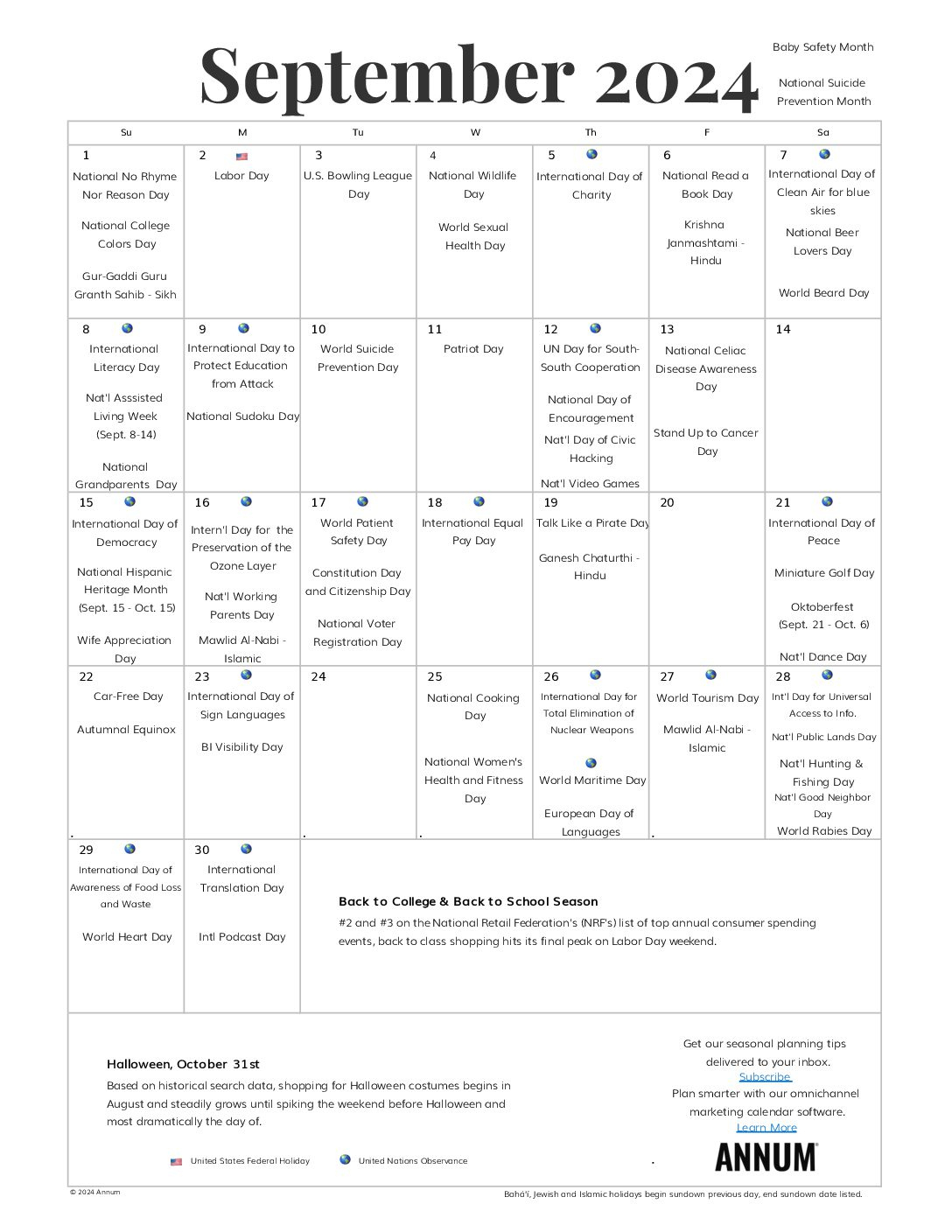 Printable September 2024 Calendar | September Holidays | Annum | Calendar 2024