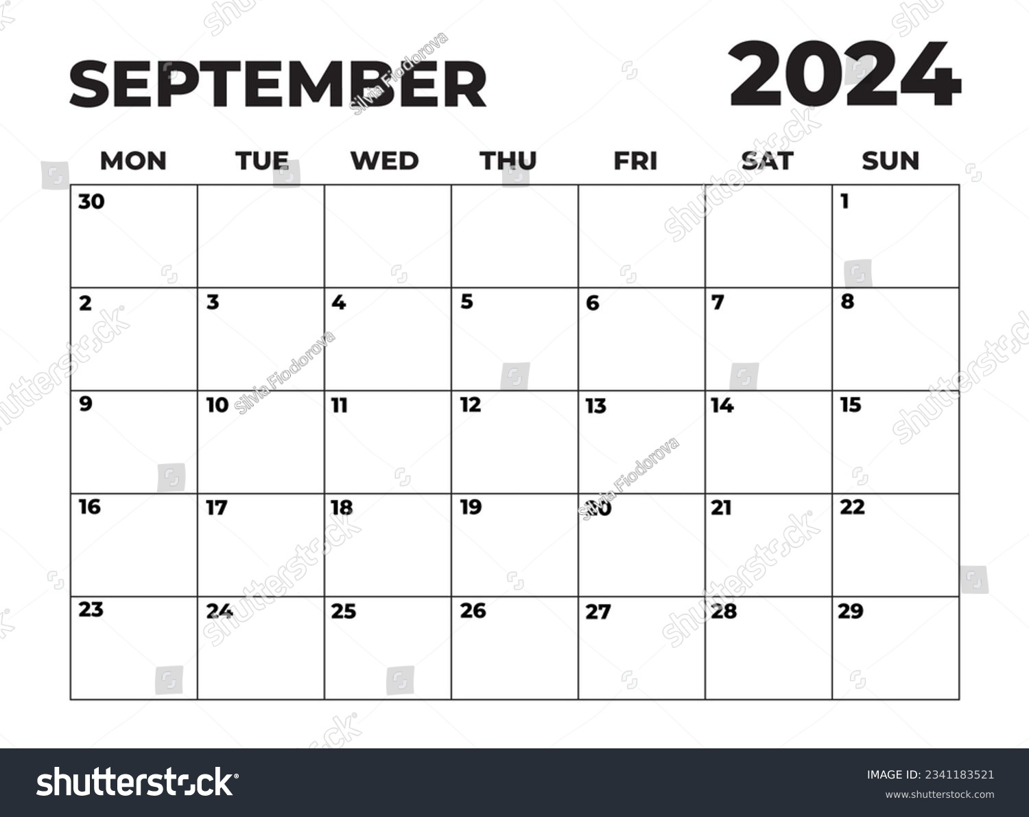 September 2024 Black White Monday Start Stock Illustration | September 2024 Calendar Monday Start