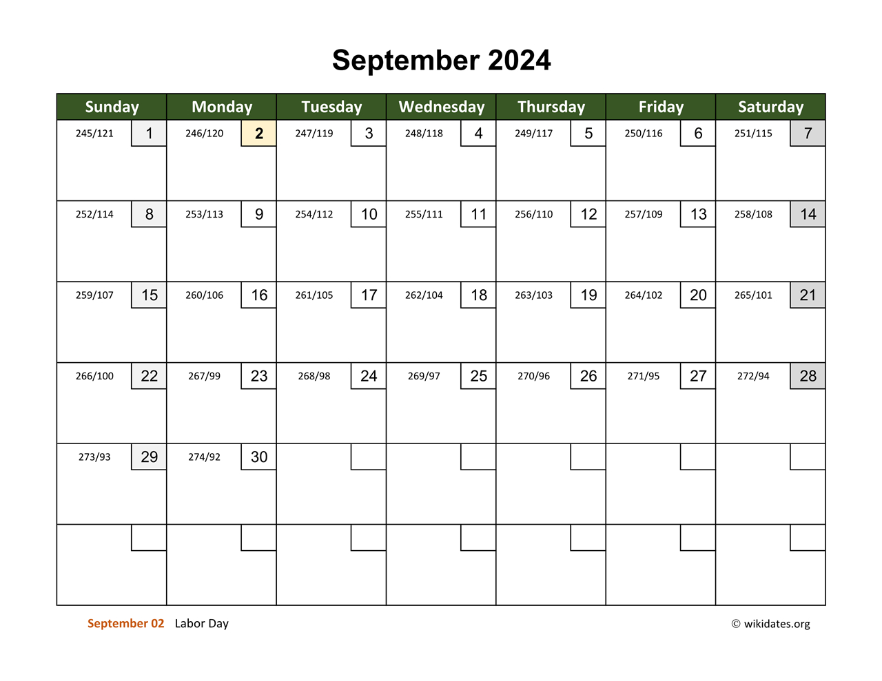 September 2024 Calendar With Day Numbers | Wikidates | National Day Calendar For September 2024