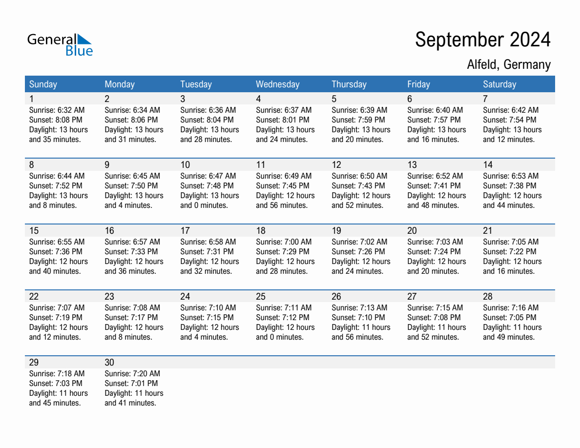 September 2024 Sunrise And Sunset Calendar For Alfeld (Pdf, Excel | Calendar 2024