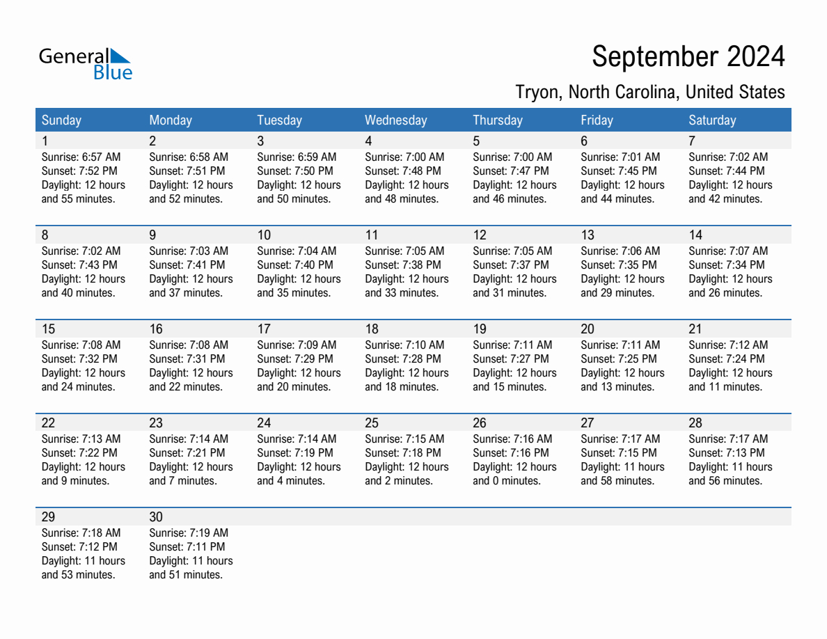 September 2024 Sunrise And Sunset Calendar For Tryon (Pdf, Excel | Weather Calendar for September 2024