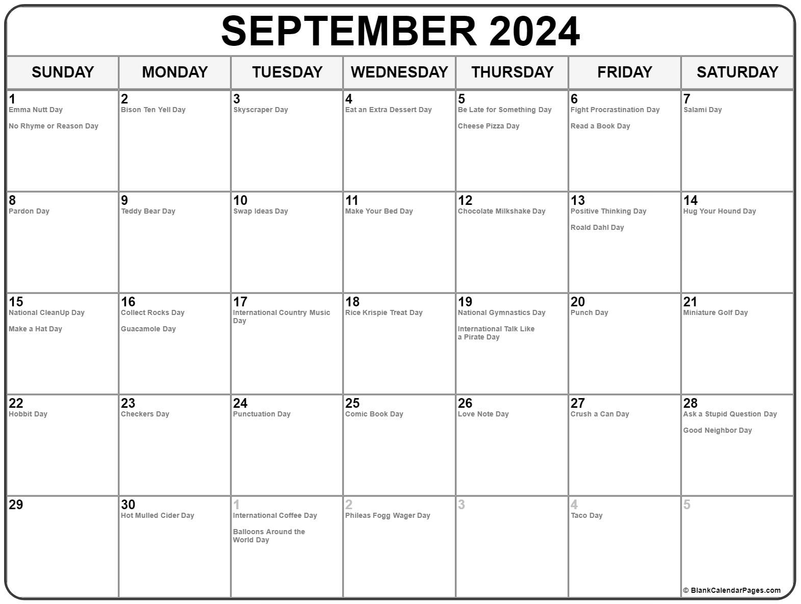 National Calendar Day September 2024 Calendar 2024 Printable