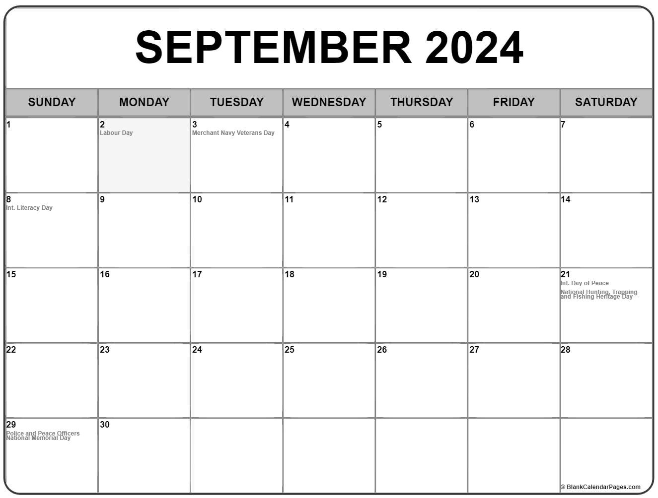 September 2024 With Holidays Calendar | September 2024 Calendar Canada