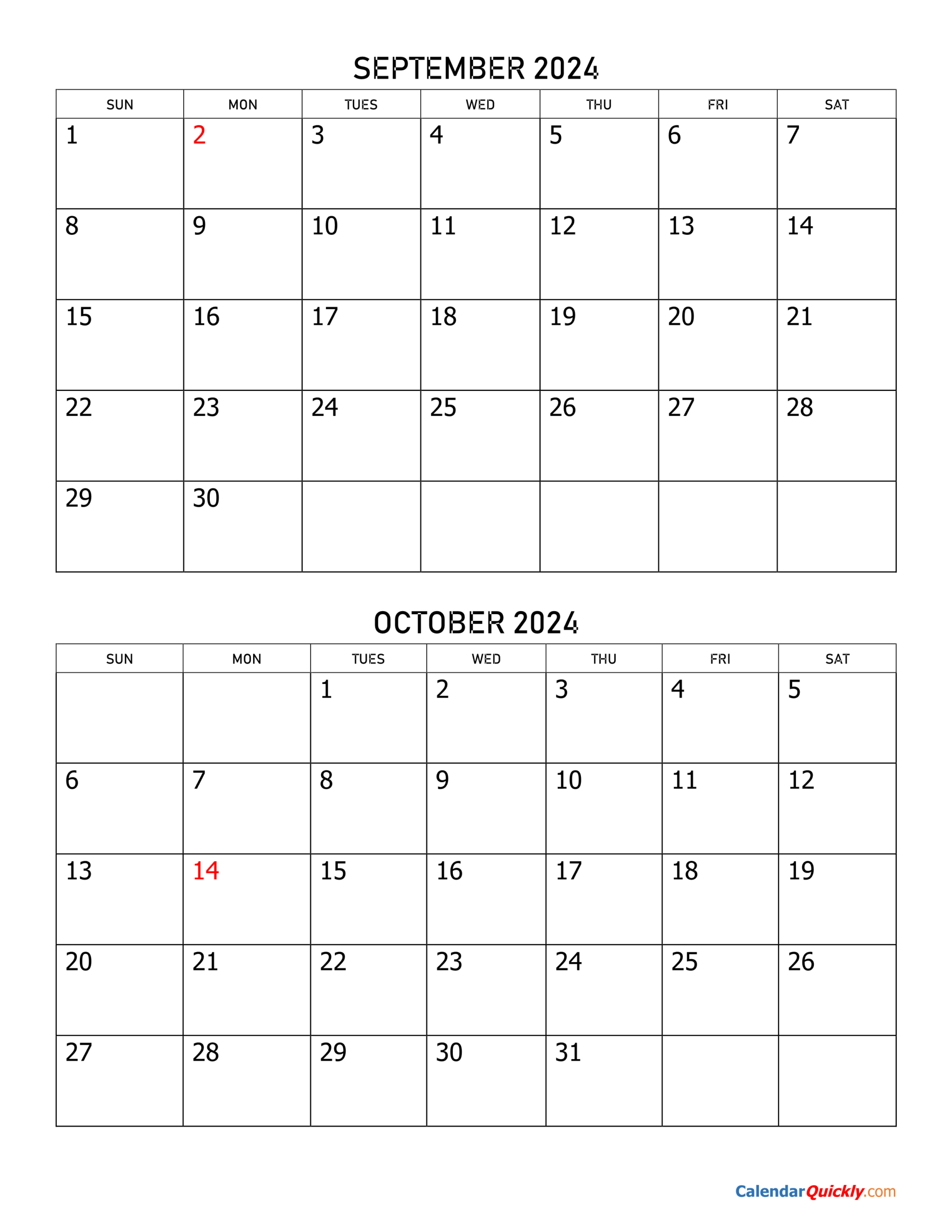 September And October 2024 Calendar | Calendar Quickly | September October 2024 Calendar Printable Free