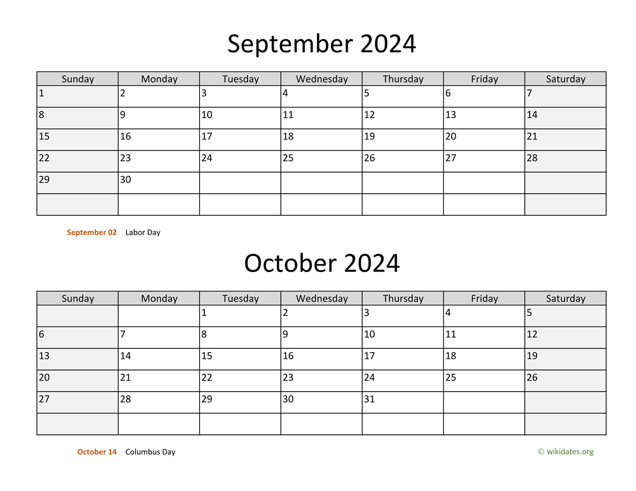 September And October 2024 Calendar | Wikidates | September October 2024 Calendar Printable Free