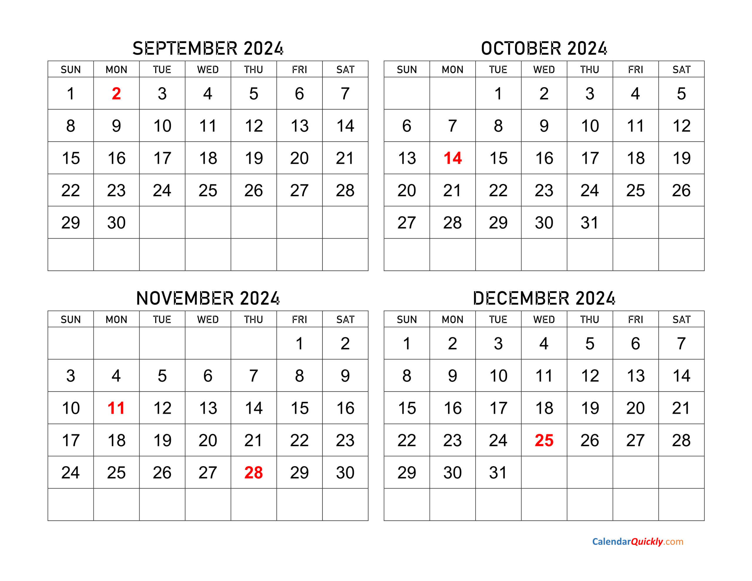 September To December 2024 Calendar | Calendar Quickly | 2024 Calendar September October November December