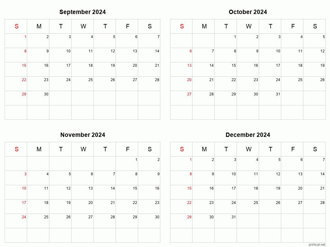 September To December 2024 Printable Calendar | Four Months Per | Calendar 2024