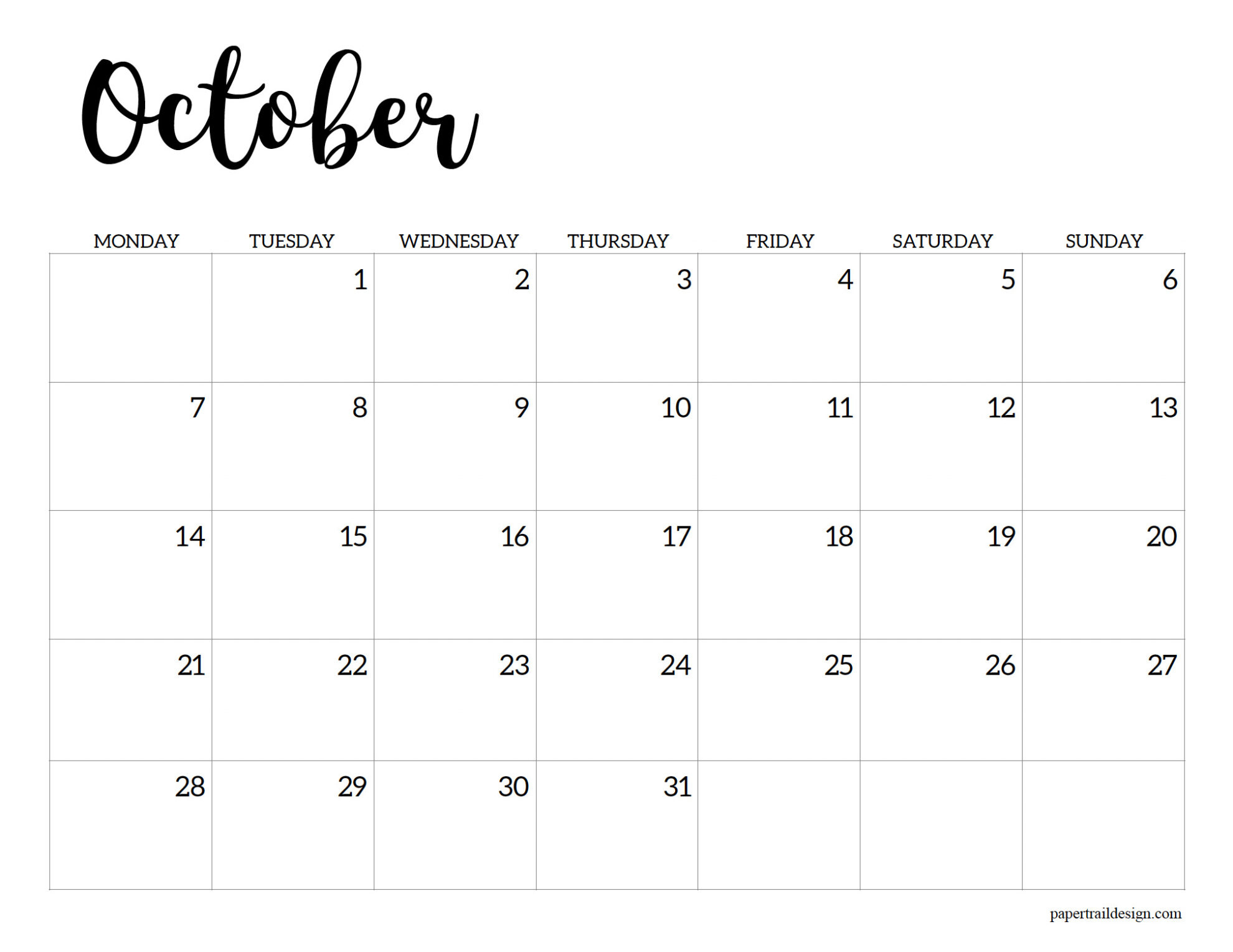 2024-2025 Printable School Calendar - Paper Trail Design | October 2024 Calendar Monday Start