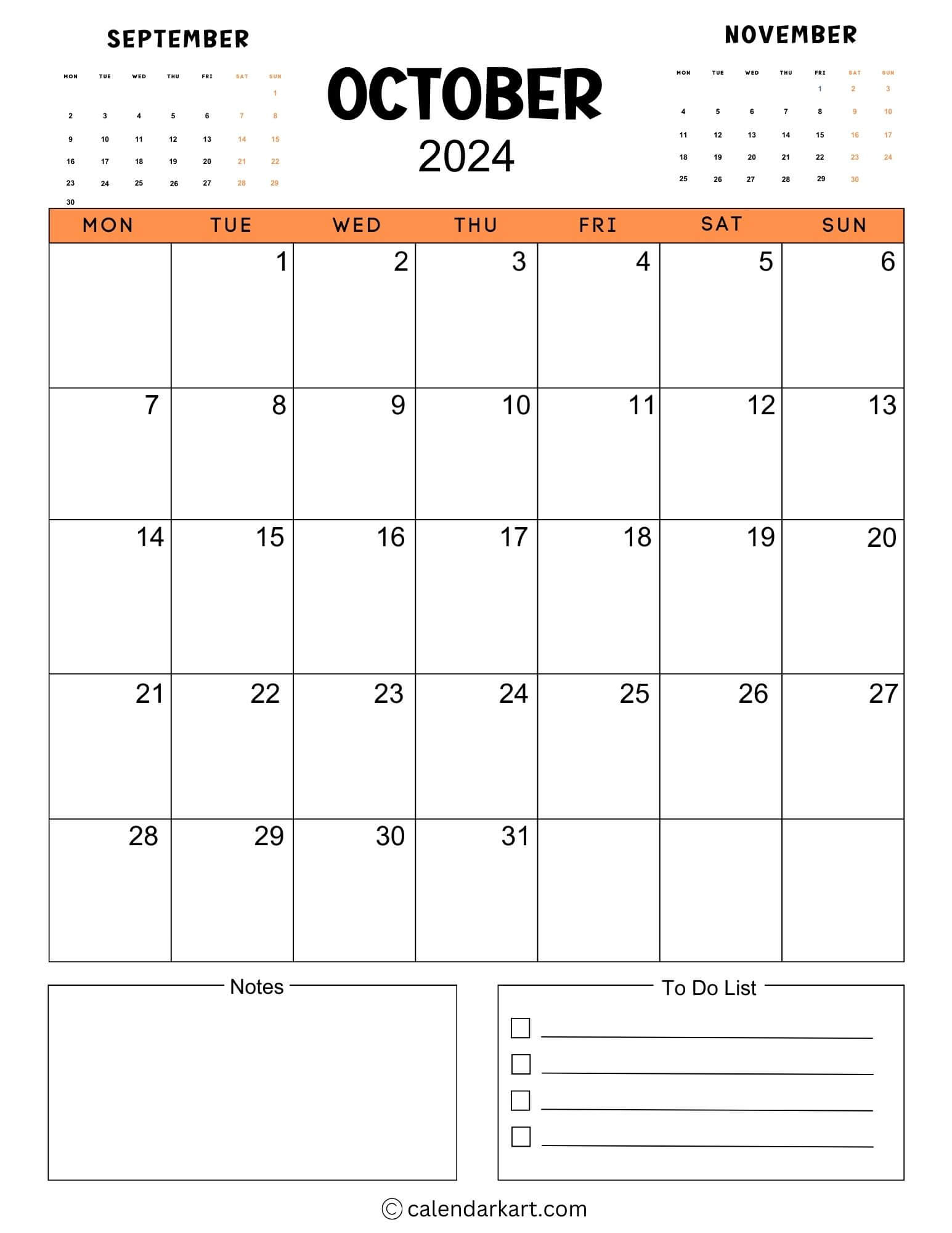 38 Printable October 2024 Calendars | Free Pdf - Calendarkart | Calendar 2024