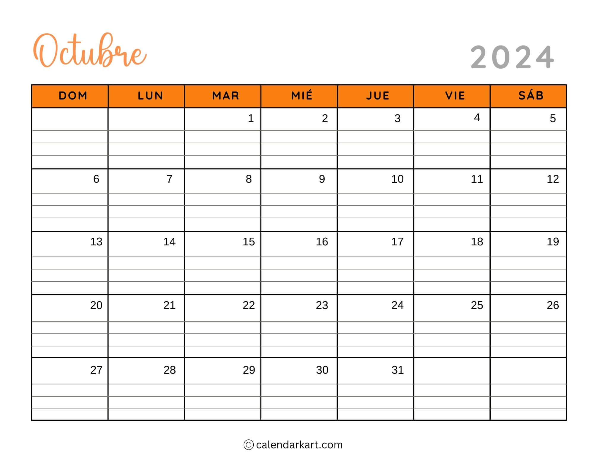 38 Printable October 2024 Calendars | Free Pdf - Calendarkart | October 2024 Calendar Printable With Lines