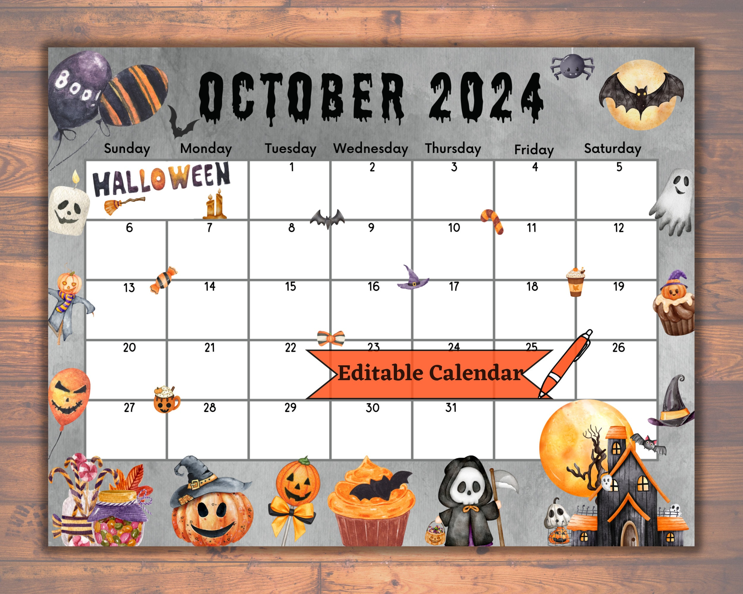 Bearbeitbarer Befüllbarer Oktober 2024 Kalender Für Gruseligen | October 2024 Halloween Calendar