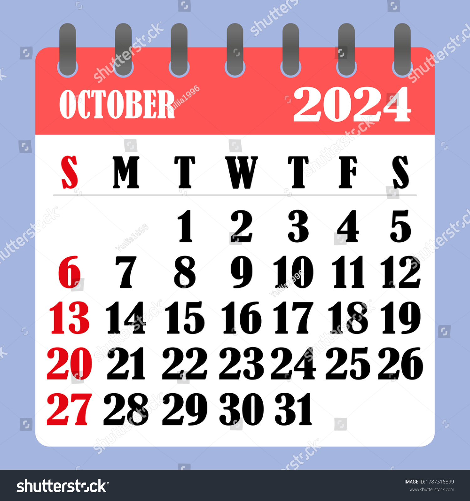 Briefkalender Für Oktober 2024. Die Woche: Stock-Vektorgrafik | October 21 2024 Calendar