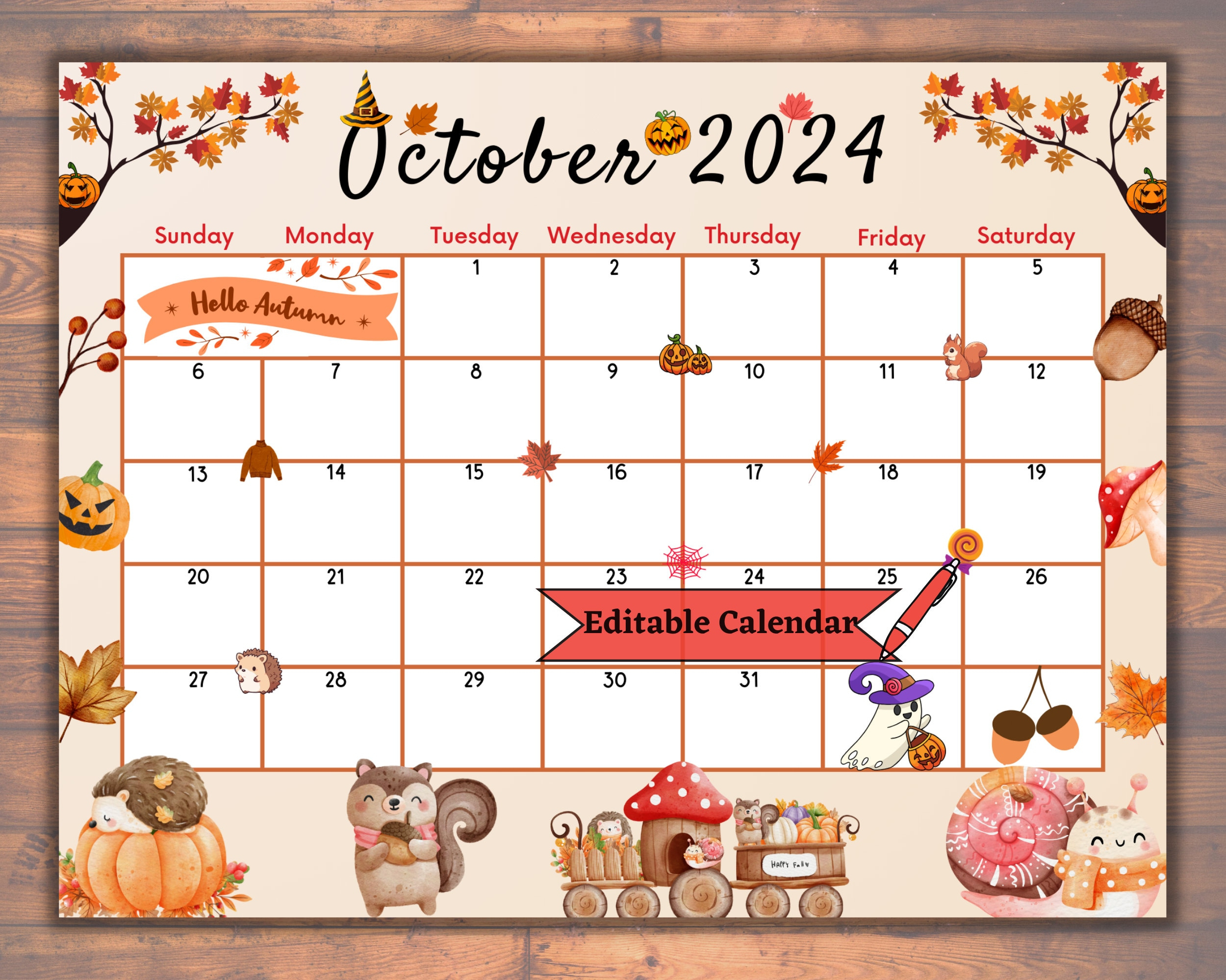 Editable Fillable October 2024 Calendar For Autumn, Fall, Happy | October 2024 Calendar Ideas