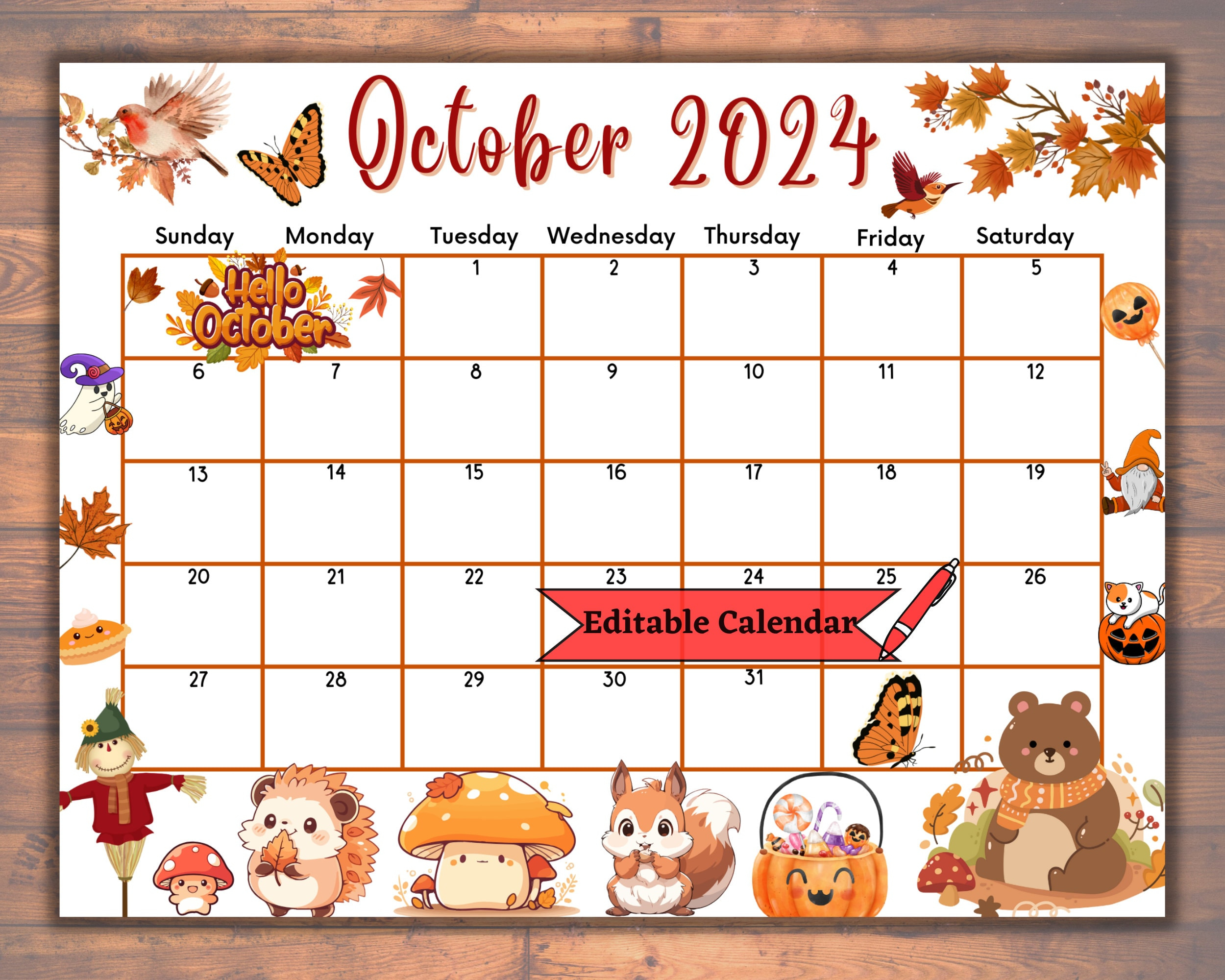 Editable Fillable October 2024 Calendar For Autumn, Fall, Happy | October 2024 Calendar Thanksgiving