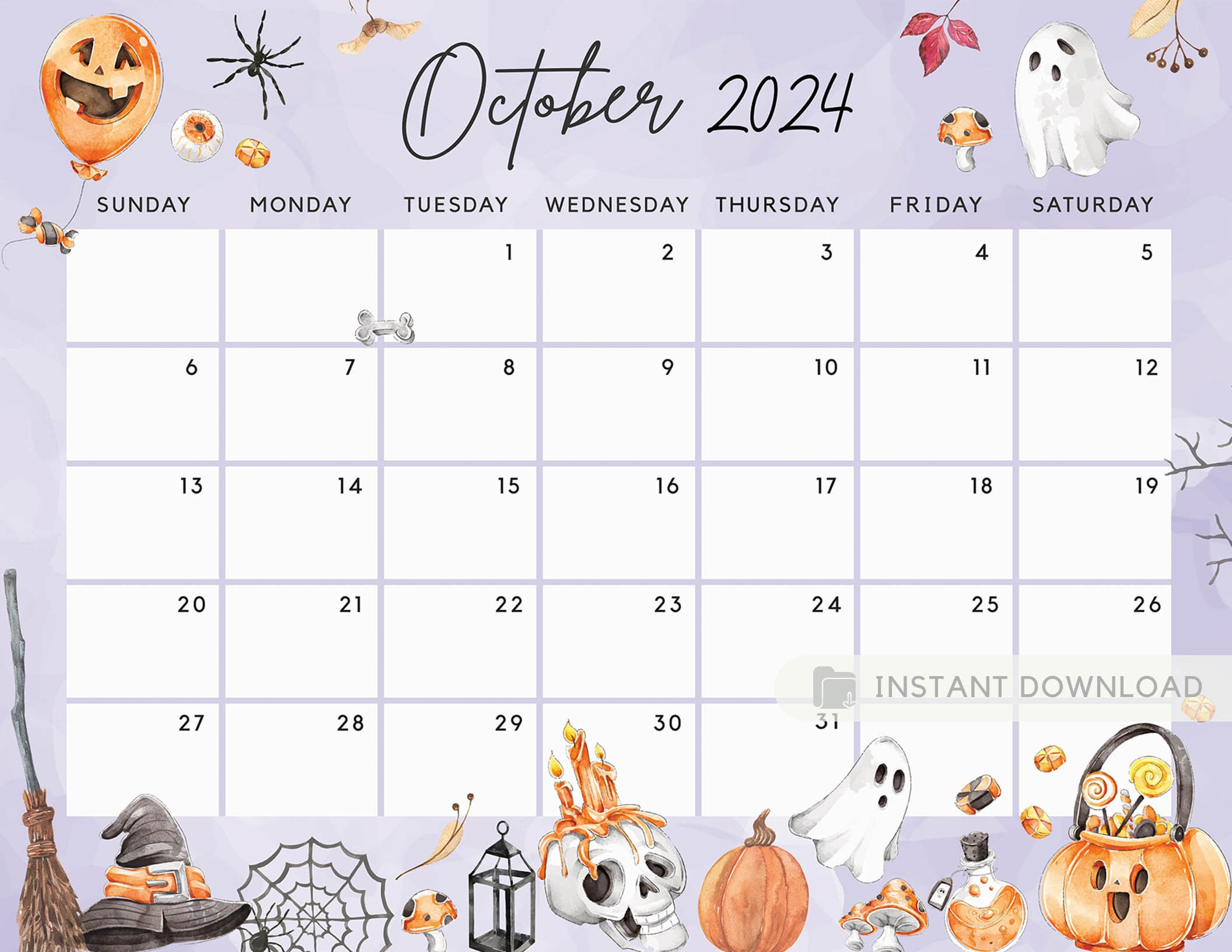 Fillable October 2024 Calendar, Halloween Fun Spooky Party Night | October 2024 Calendar Spooky