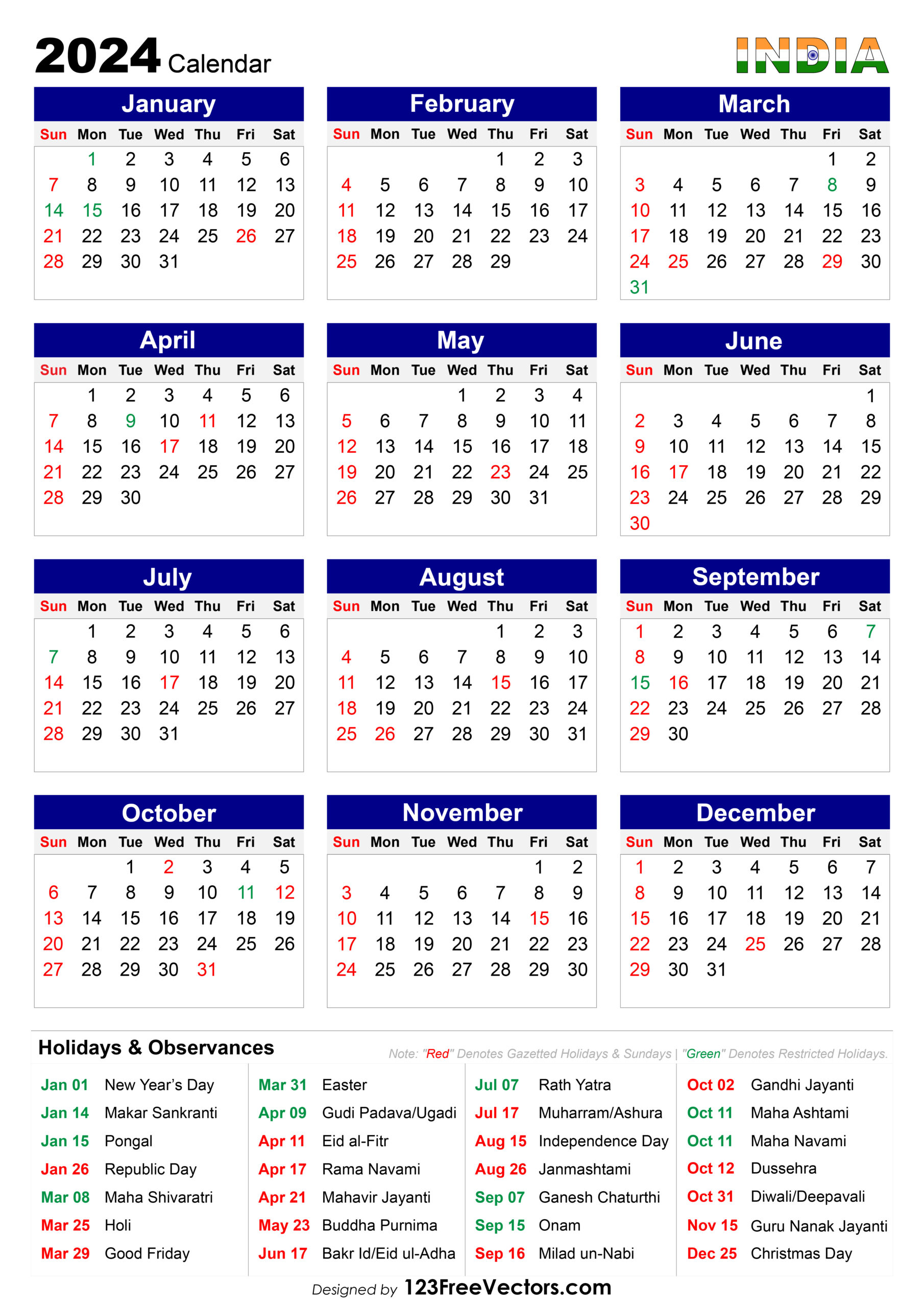 Free 2024 Calendar India | Calendar 2024