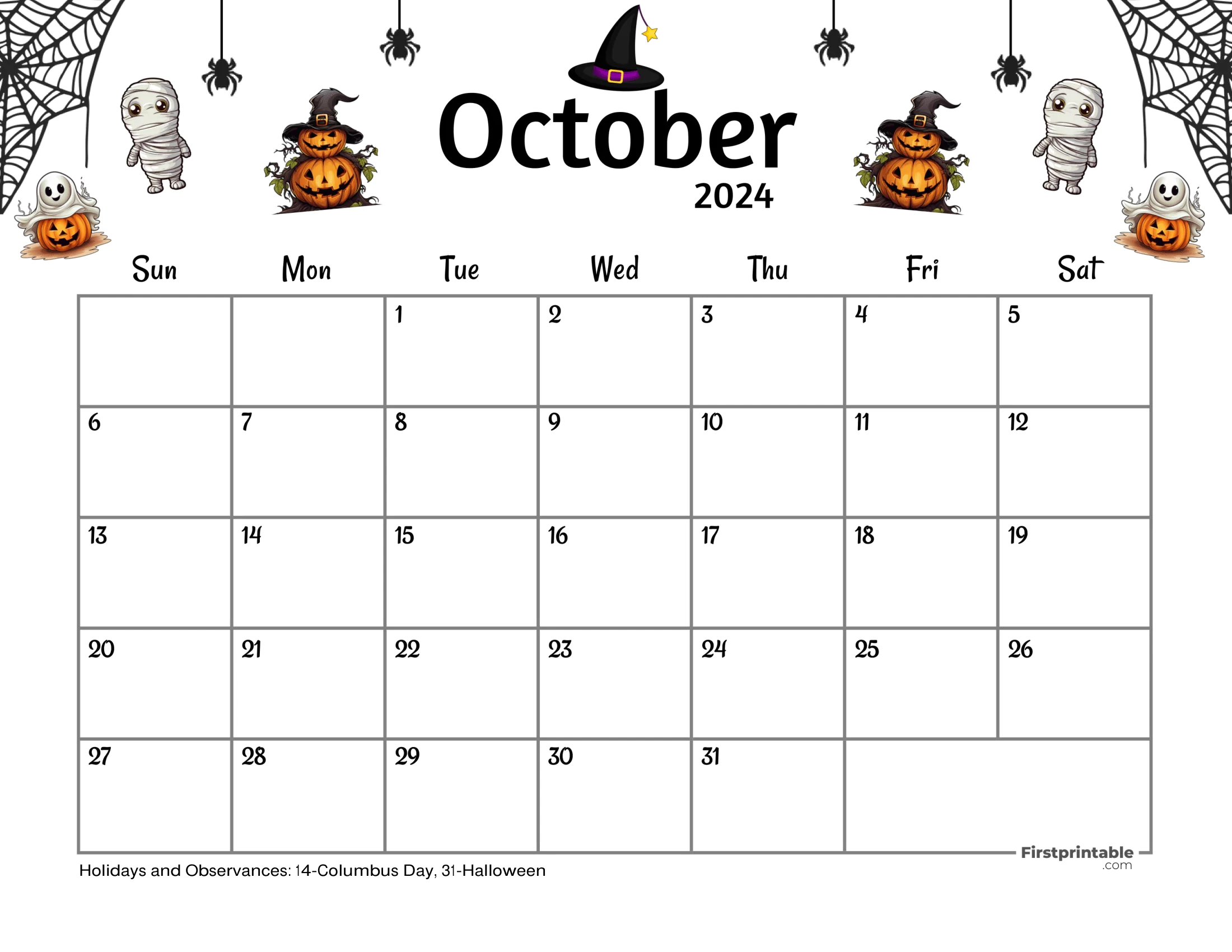 Free Printable &amp;amp; Fillable October Calendars 2024 | Free Printable October 2024 Calendar Halloween